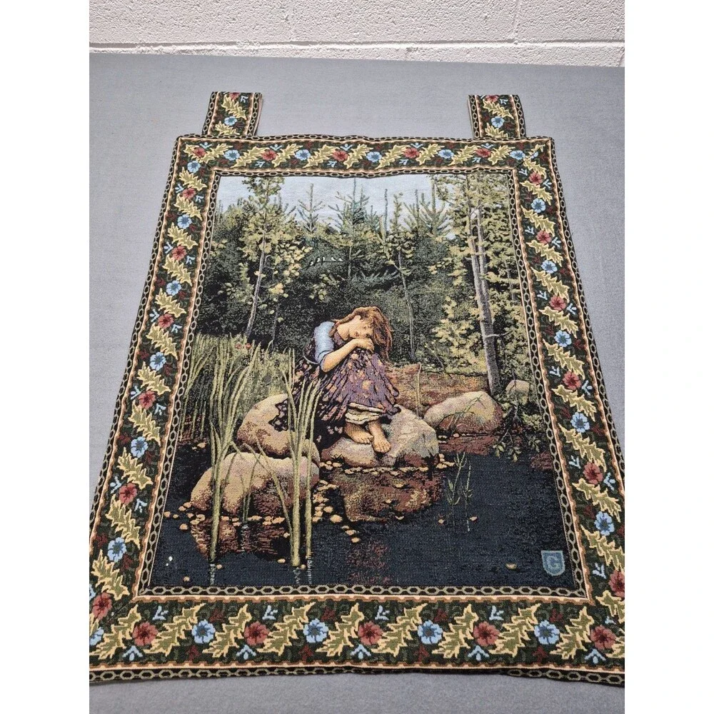 Elegant Rococo Floral Vintage Forest Garden Girl Tapestry Wall Hanging Woven